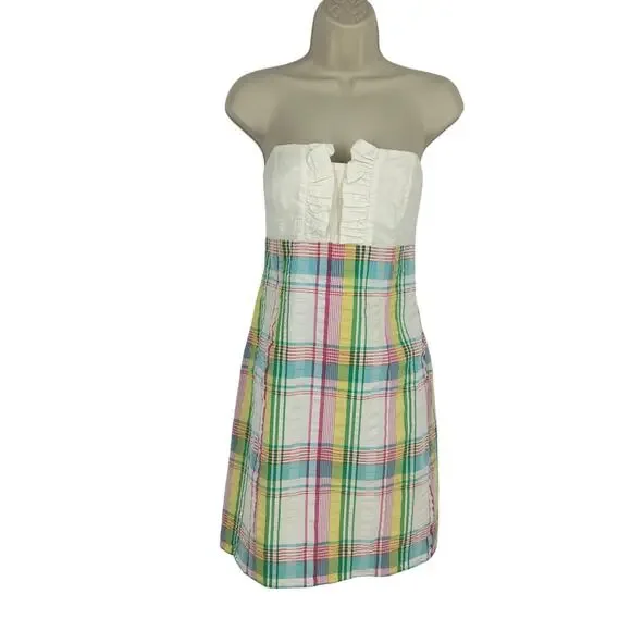 Lilly Pulitzer Summer Plaid Tie Back Ruffle Strapless Franco Dress Size 6 Beach - Picture 2 of 15